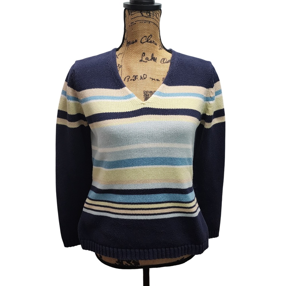 Eddie Bauer Medium Striped V Neck Knit Sweater Blue Yellow Green Casual